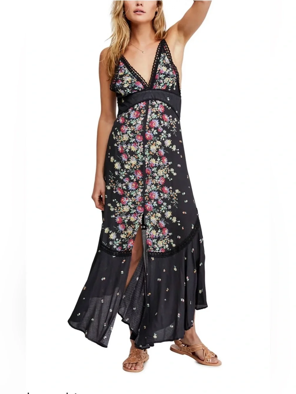 Free People Paradise Black Floral Print Maxi Dress Size Medium - Picture 1 of 15